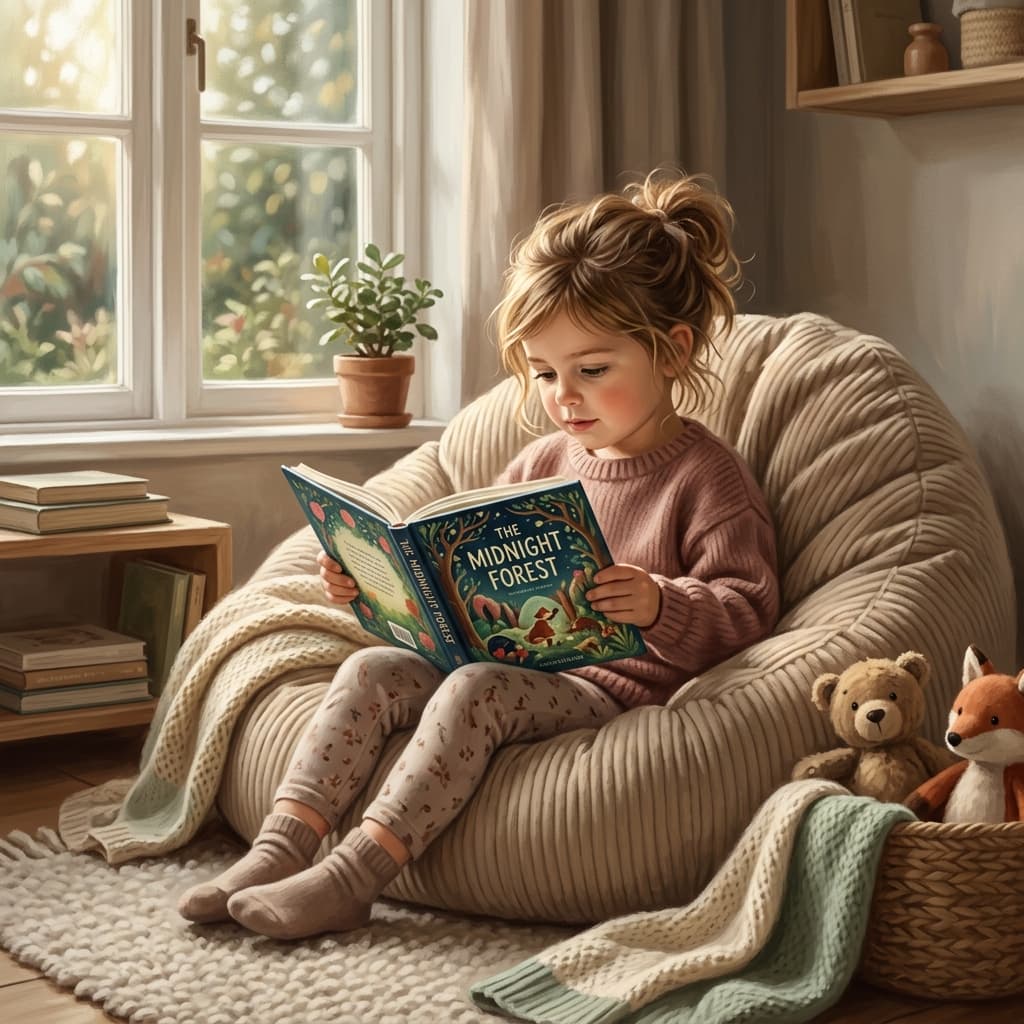Focused child reading a personalized storybook