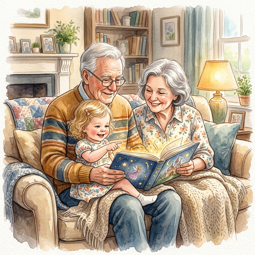 Grandparents reading a glowing, magical storybook to their toddler